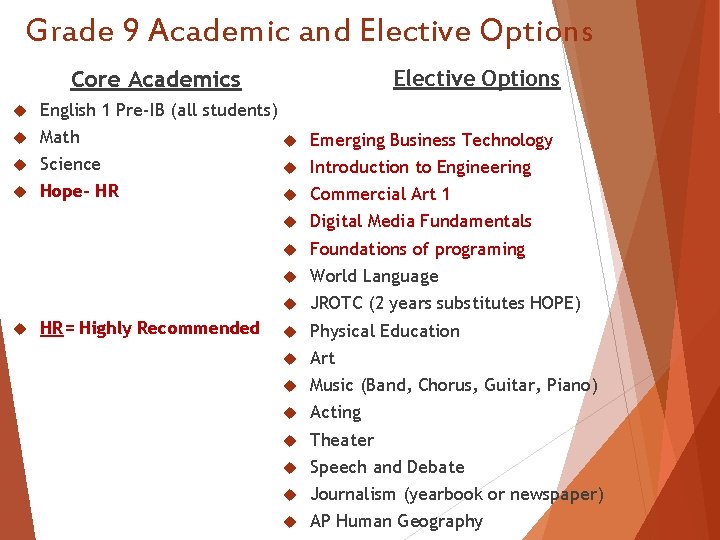 Grade 9 Academic and Elective Options Core Academics English 1 Pre-IB (all students) Math