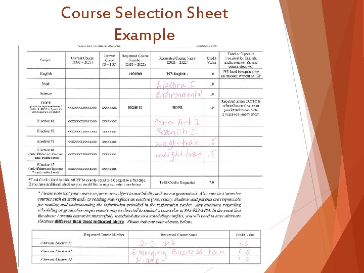 Course Selection Sheet Example 