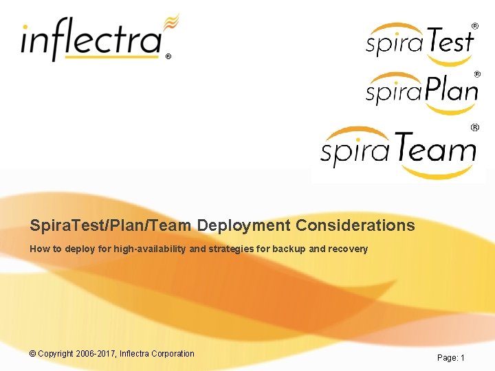 ® Spira. Test/Plan/Team Deployment Considerations How to deploy for high-availability and strategies for backup