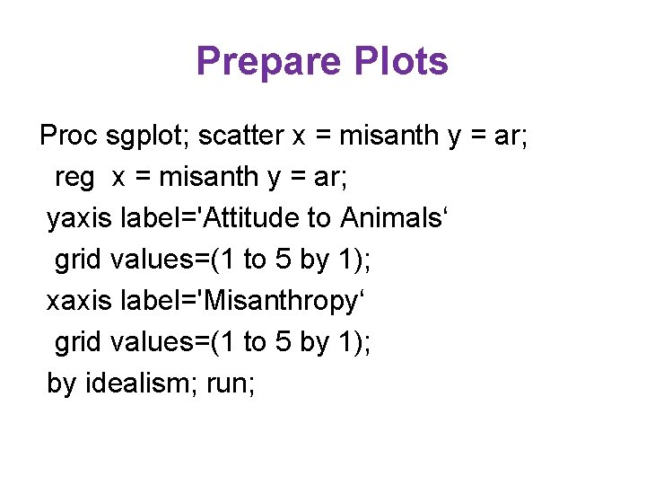 Prepare Plots Proc sgplot; scatter x = misanth y = ar; reg x = Prepare Plots Proc sgplot; scatter x = misanth y = ar; reg x =
