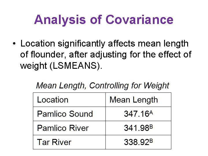 Analysis of Covariance • Location significantly affects mean length of flounder, after adjusting for Analysis of Covariance • Location significantly affects mean length of flounder, after adjusting for