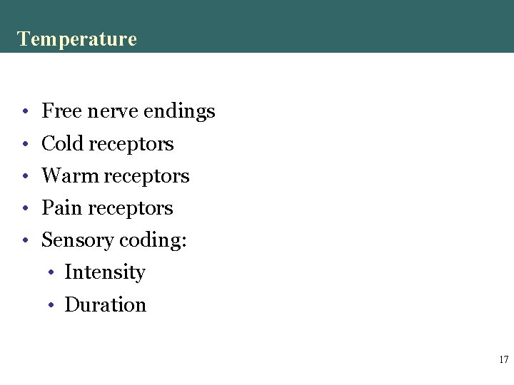 Temperature • Free nerve endings • Cold receptors • Warm receptors • Pain receptors Temperature • Free nerve endings • Cold receptors • Warm receptors • Pain receptors