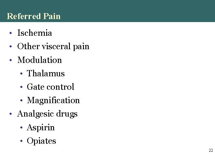 Referred Pain • Ischemia • Other visceral pain • Modulation • Thalamus • Gate Referred Pain • Ischemia • Other visceral pain • Modulation • Thalamus • Gate