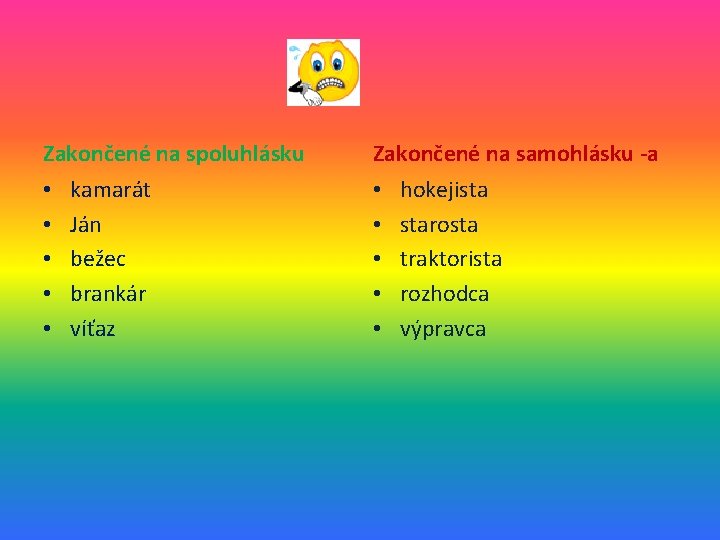 Zakončené na spoluhlásku • • • kamarát Ján bežec brankár víťaz Zakončené na samohlásku