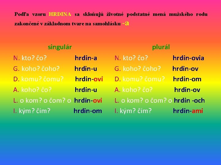 Podľa vzoru HRDINA sa skloňujú životné podstatné mená mužského rodu zakončené v základnom tvare