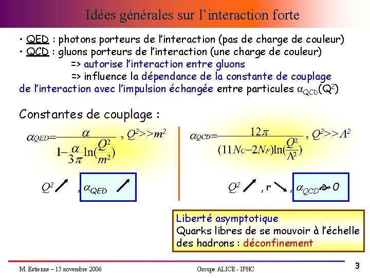 Idées générales sur l’interaction forte • QED : photons porteurs de l’interaction (pas de