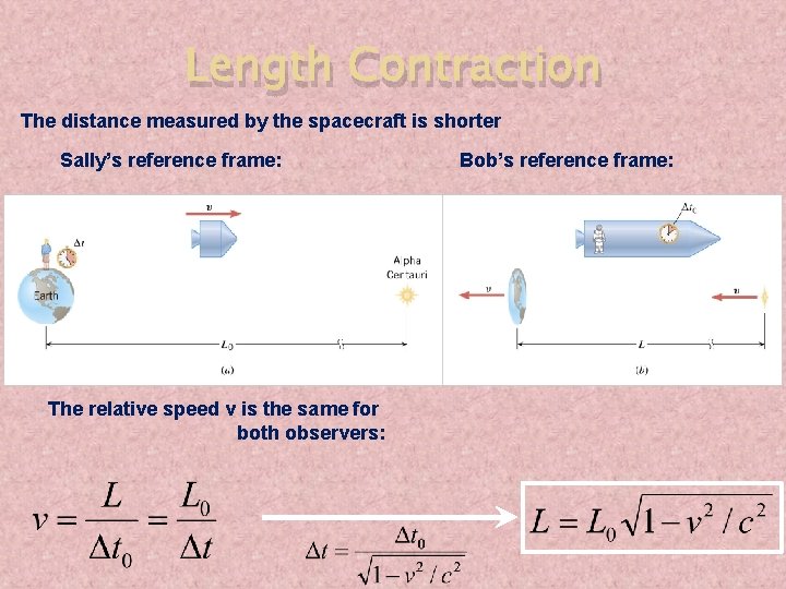 Length Contraction The distance measured by the spacecraft is shorter Sally’s reference frame: Bob’s