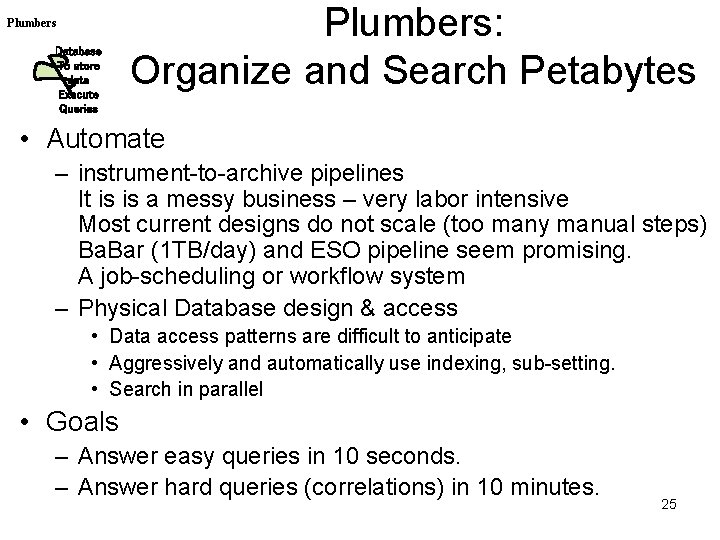 Plumbers Database To store data Execute Queries Plumbers: Organize and Search Petabytes • Automate Plumbers Database To store data Execute Queries Plumbers: Organize and Search Petabytes • Automate