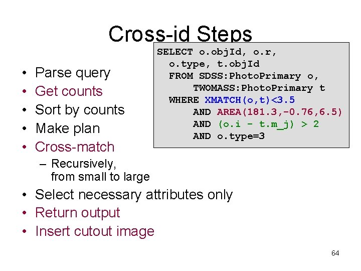 Cross-id Steps • • • Parse query Get counts Sort by counts Make plan Cross-id Steps • • • Parse query Get counts Sort by counts Make plan