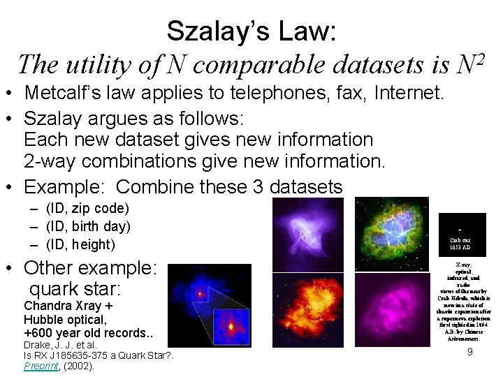 Szalay’s Law: The utility of N comparable datasets is N 2 • Metcalf’s law Szalay’s Law: The utility of N comparable datasets is N 2 • Metcalf’s law