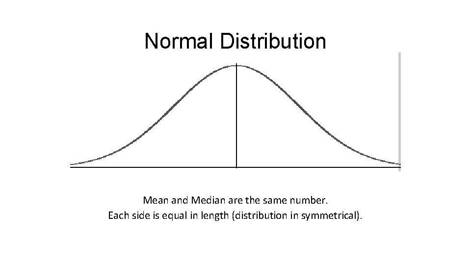 Normal Distribution Mean and Median are the same number. Each side is equal in Normal Distribution Mean and Median are the same number. Each side is equal in