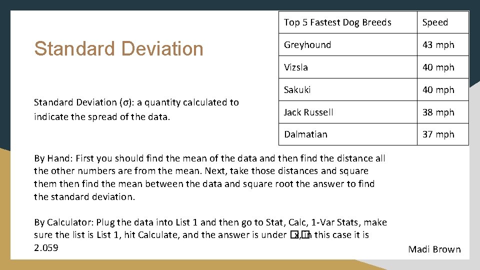 Standard Deviation (σ): a quantity calculated to indicate the spread of the data. Top Standard Deviation (σ): a quantity calculated to indicate the spread of the data. Top