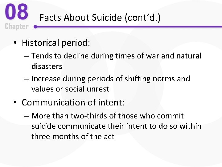 Facts About Suicide (cont’d. ) • Historical period: – Tends to decline during times