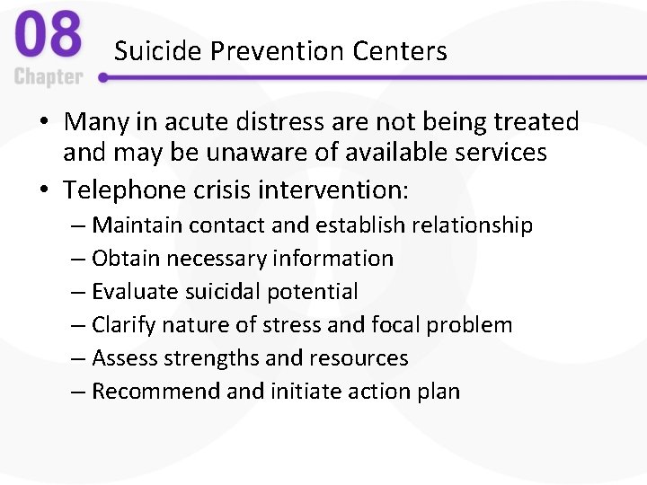 Suicide Prevention Centers • Many in acute distress are not being treated and may