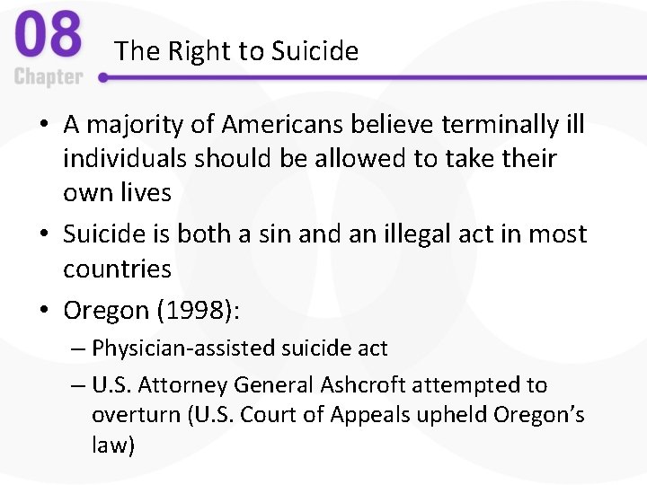 The Right to Suicide • A majority of Americans believe terminally ill individuals should