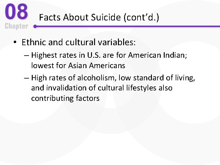 Facts About Suicide (cont’d. ) • Ethnic and cultural variables: – Highest rates in