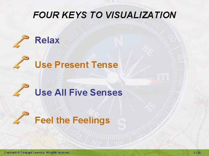 FOUR KEYS TO VISUALIZATION Relax Use Present Tense Use All Five Senses Feel the