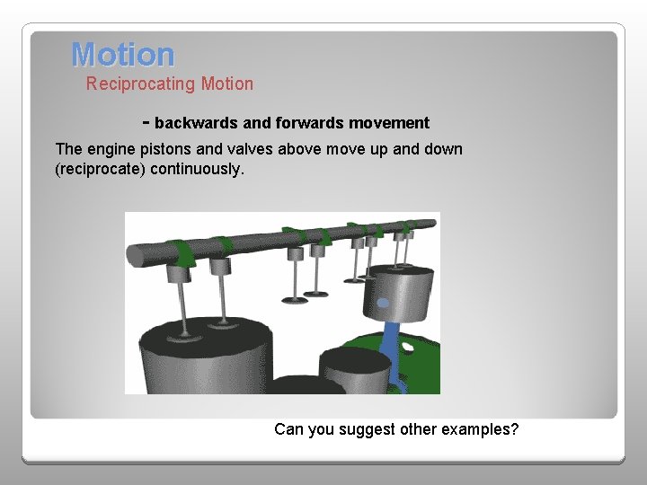 Motion Reciprocating Motion - backwards and forwards movement The engine pistons and valves above