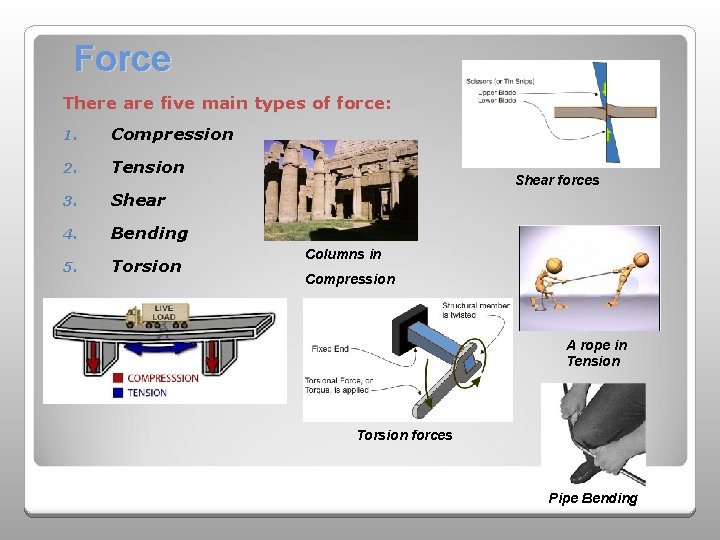 Force There are five main types of force: 1. Compression 2. Tension 3. Shear