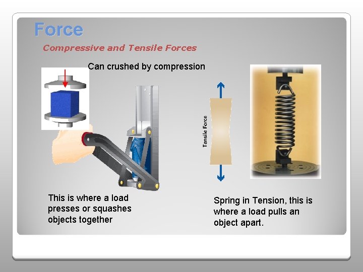 Force Compressive and Tensile Forces Can crushed by compression This is where a load