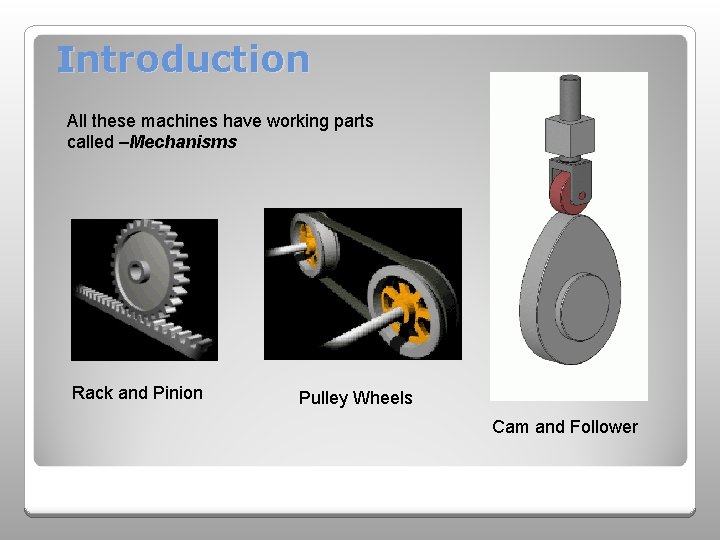 Introduction All these machines have working parts called –Mechanisms Rack and Pinion Pulley Wheels