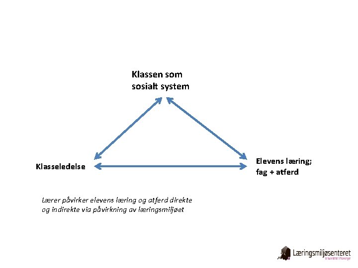 Klassen som sosialt system Klasseledelse Lærer påvirker elevens læring og atferd direkte og indirekte