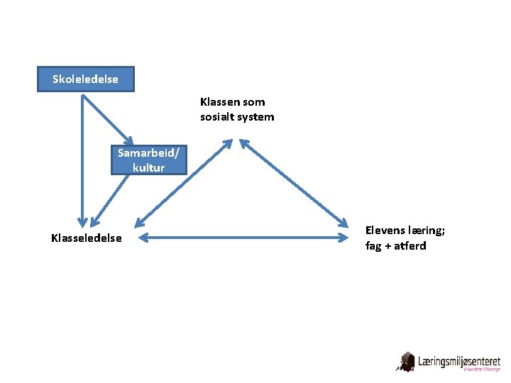 Skoleledelse Klassen som sosialt system Samarbeid/ kultur Klasseledelse Elevens læring; fag + atferd 