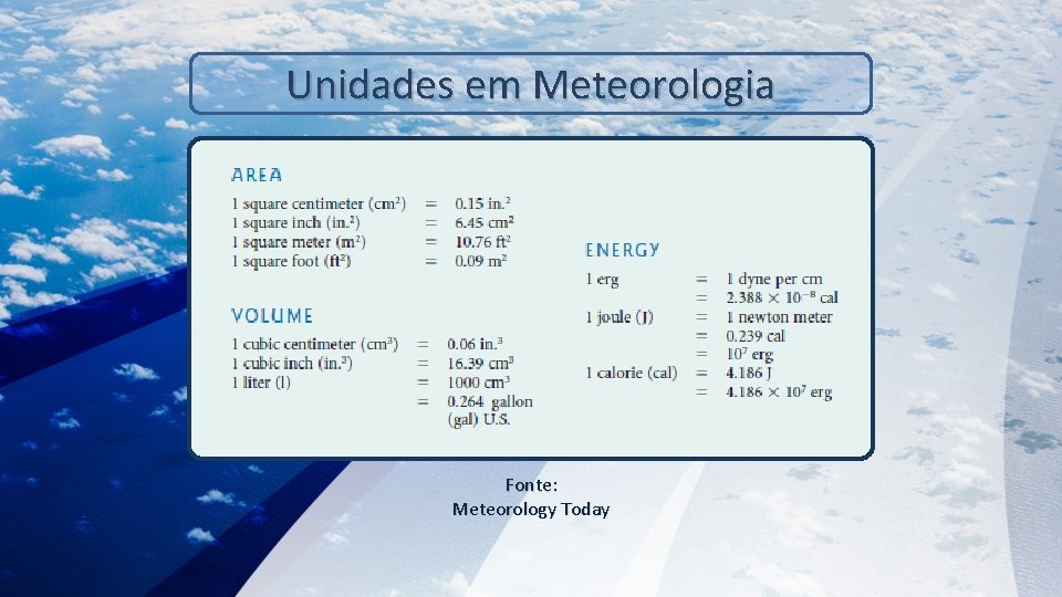 Unidades em Meteorologia Fonte: Meteorology Today 