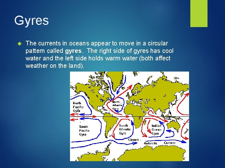 Gyres The currents in oceans appear to move in a circular pattern called gyres.