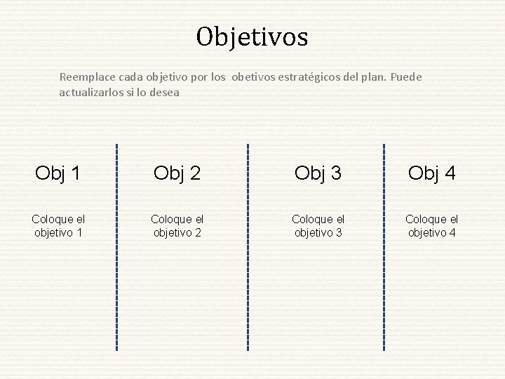 Objetivos Reemplace cada objetivo por los obetivos estratégicos del plan. Puede actualizarlos si lo