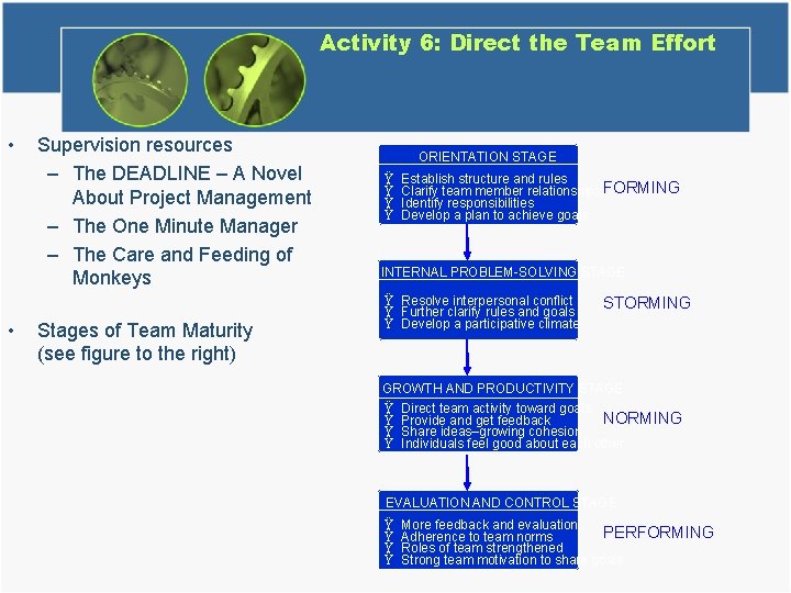 Activity 6: Direct the Team Effort • • Supervision resources – The DEADLINE –