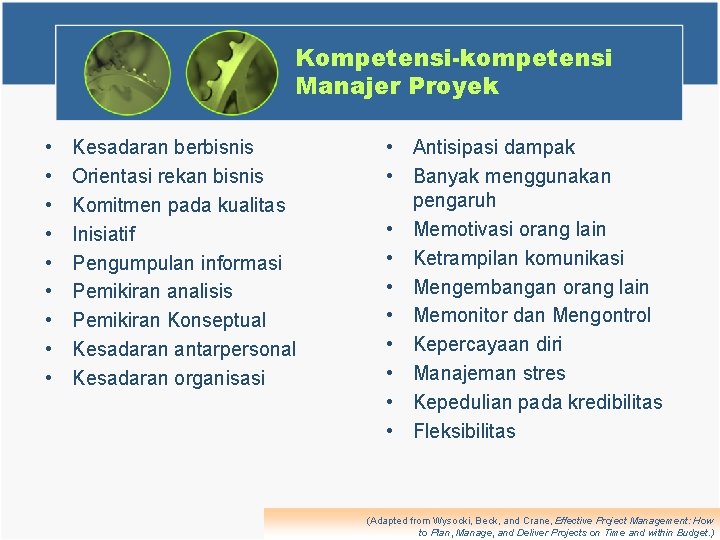 Kompetensi-kompetensi Manajer Proyek • • • Kesadaran berbisnis Orientasi rekan bisnis Komitmen pada kualitas