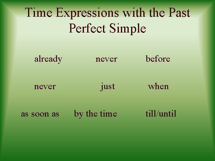 Time Expressions with the Past Perfect Simple already never as soon as never before