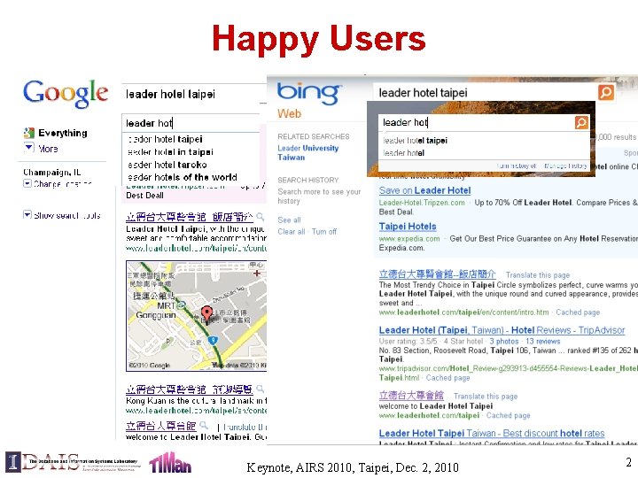 Happy Users Keynote, AIRS 2010, Taipei, Dec. 2, 2010 2 