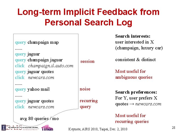 Long-term Implicit Feedback from Personal Search Log query champaign map. . . query jaguar