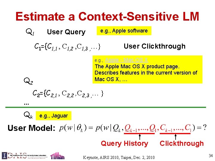 Estimate a Context-Sensitive LM Q 1 User Query e. g. , Apple software C