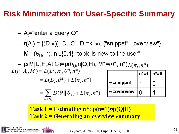 Risk Minimization for User-Specific Summary – At=“enter a query Q” – r(At) = {(D,