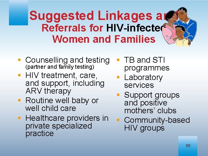 Suggested Linkages and Referrals for HIV-infected Women and Families § Counselling and testing §