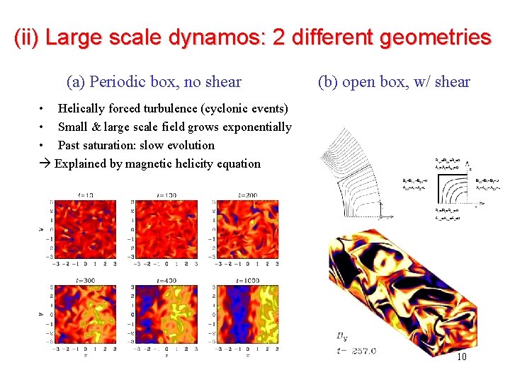 (ii) Large scale dynamos: 2 different geometries (a) Periodic box, no shear (b) open