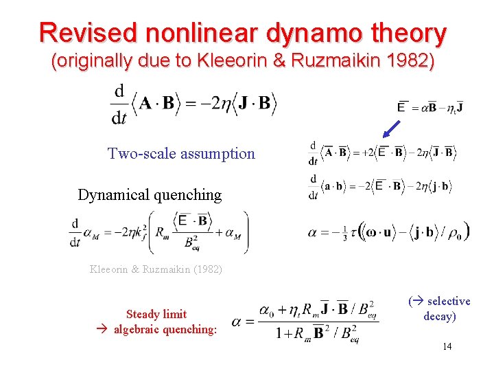 Revised nonlinear dynamo theory (originally due to Kleeorin & Ruzmaikin 1982) Two-scale assumption Dynamical