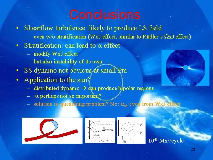 Conclusions • Shearflow turbulence: likely to produce LS field – even w/o stratification (Wx.