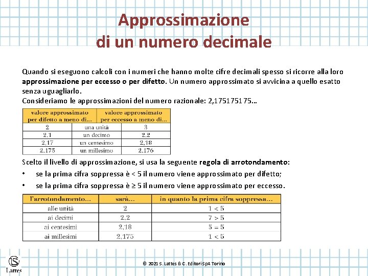 Approssimazione di un numero decimale Quando si eseguono calcoli con i numeri che hanno