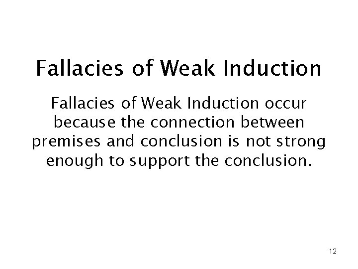 Fallacies of Weak Induction occur because the connection between premises and conclusion is not