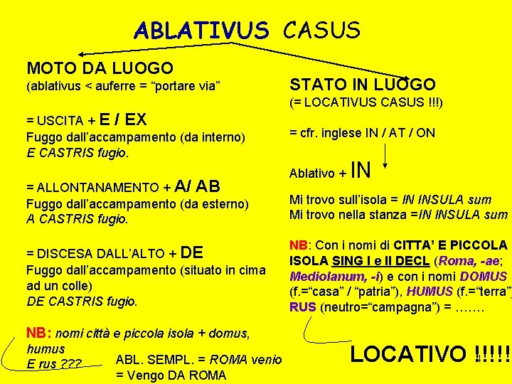 ABLATIVUS CASUS MOTO DA LUOGO (ablativus < auferre = “portare via” STATO IN LUOGO