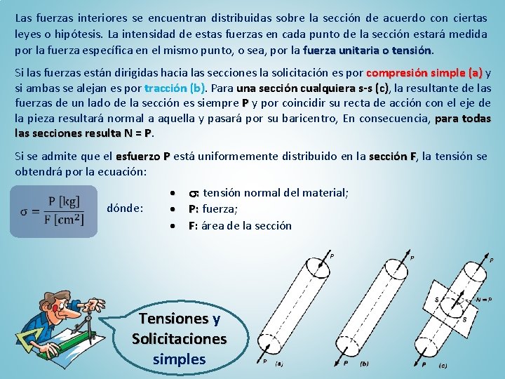 Las fuerzas interiores se encuentran distribuidas sobre la sección de acuerdo con ciertas leyes