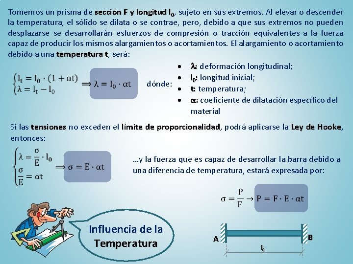 Tomemos un prisma de sección F y longitud l 0, sujeto en sus extremos.