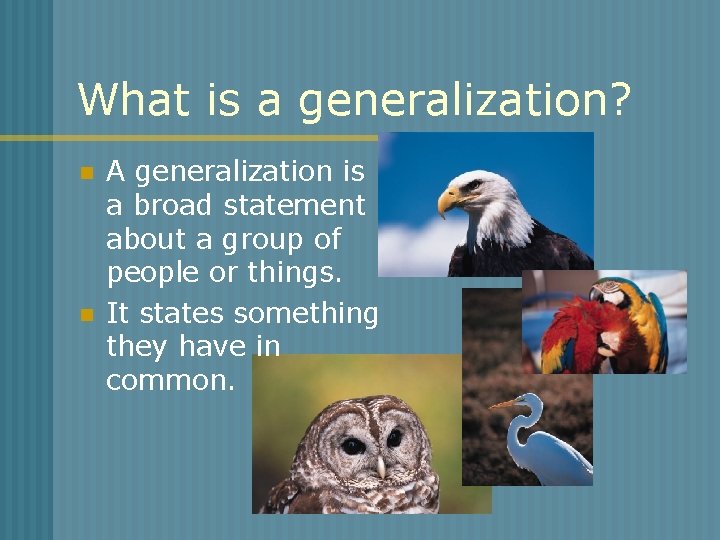 What is a generalization? n n A generalization is a broad statement about a