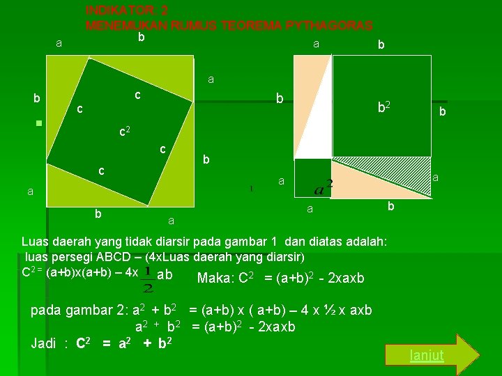 INDIKATOR: 2 MENEMUKAN RUMUS TEOREMA PYTHAGORAS b a a b c b c §