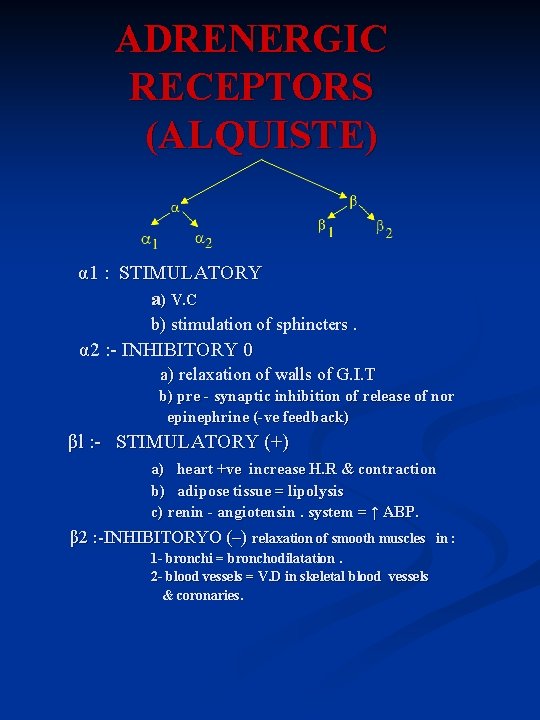 ADRENERGIC RECEPTORS (ALQUISTE) α 1 : STIMULATORY a) V. C b) stimulation of sphincters.