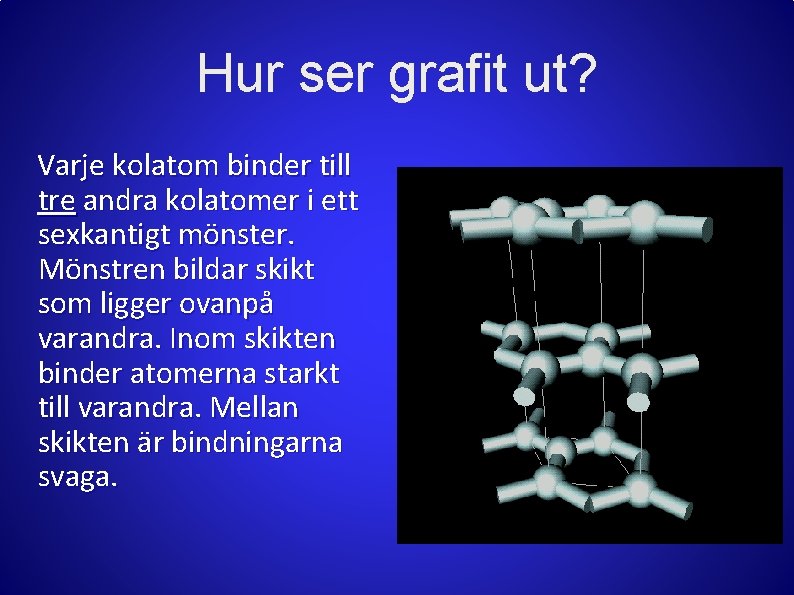 Hur ser grafit ut? Varje kolatom binder till tre andra kolatomer i ett sexkantigt